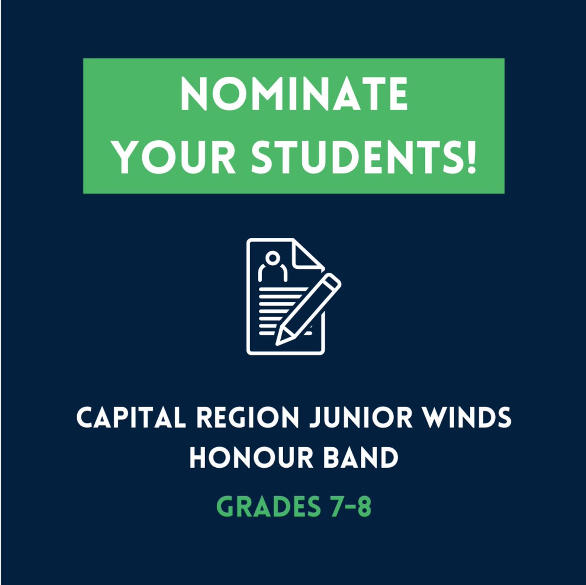 Attention teachers! Nominations for the Capital Region Junior Winds Honour Band are open! Nominate talented students in grades 7-8 for the opportunity to participate in a fantastic honour band experience from April 17-19, 2024. A max of 8 students can be nominated per school.