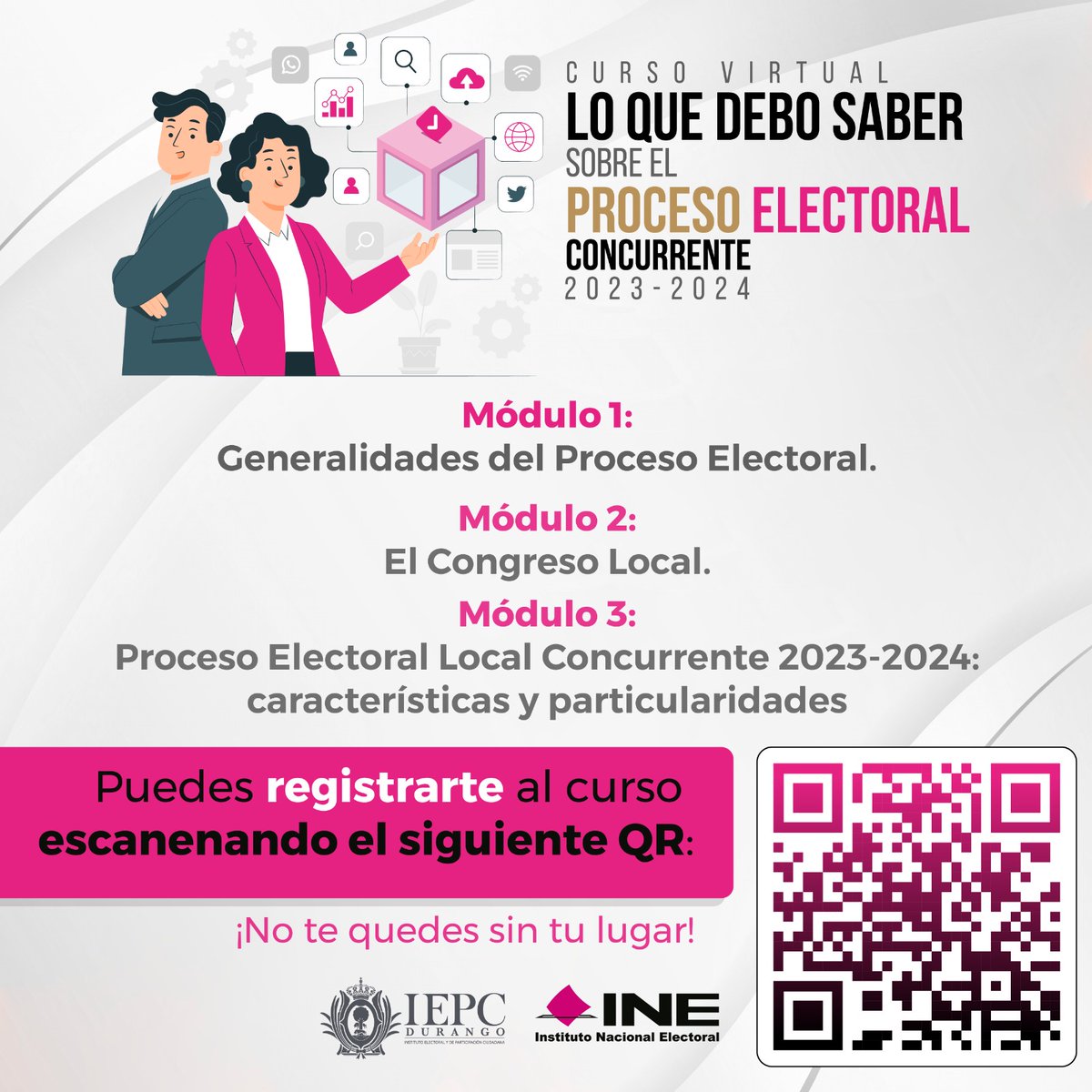 IEPCDurango's tweet photo. 👨‍🏫👩‍🏫Tenemos un curso en línea para ti.
"Lo que debo saber del Proceso Electoral Concurrente 2023-2024"
✅Generalidades del Proceso Electoral.
✅El Congreso Local.
✅Proceso Electoral Concurrente 2023-2024; características y particularidades.
✍️Registro en: https://t.co/CbjiMWHvAv https://t.co/AjuMg7QZWZ