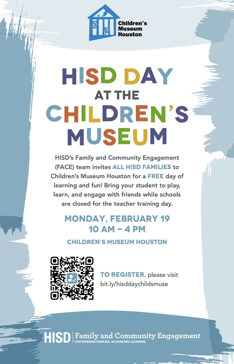 Houston ISD (@houstonisd) on Twitter photo HISD Families: Join @HISDFACE at <a href="/cmhouston/">Children's Museum Houston</a> for a FREE day of learning and fun on February 19! Bring your student to play, explore, and engage with their friends while schools are closed for the teacher training day. Register for one of three time slots: bit.ly/49r5zPh HISD Families: Join @HISDFACE at <a href="/cmhouston/">Children's Museum Houston</a> for a FREE day of learning and fun on February 19! Bring your student to play, explore, and engage with their friends while schools are closed for the teacher training day. Register for one of three time slots: bit.ly/49r5zPh