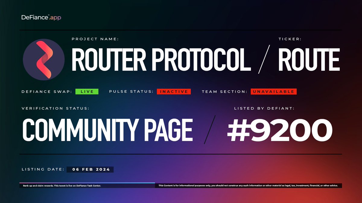 .@routerprotocol community page is now live on DeFiance.app/project/Router…. $ROUTE is now listed on #DeFianceSwap. Router Protocol is a pioneering cross-chain solution that enables secure and efficient communication between blockchain networks. Learn more at:…