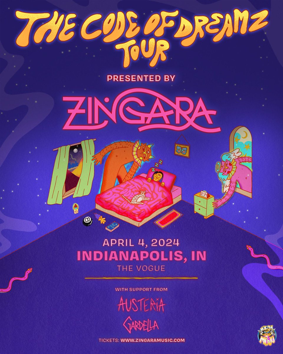 🌀Just Announced: 
Thursday, April 4th 
@zingaramusic rolls up to @TheVogue with @austeriamusic & @Gardellaaaa with The Code of Dreams Tour! 

🎟️Tickets go on sale this Thurzday!
- you can get them sans fees at any #AlteredThurzdaze