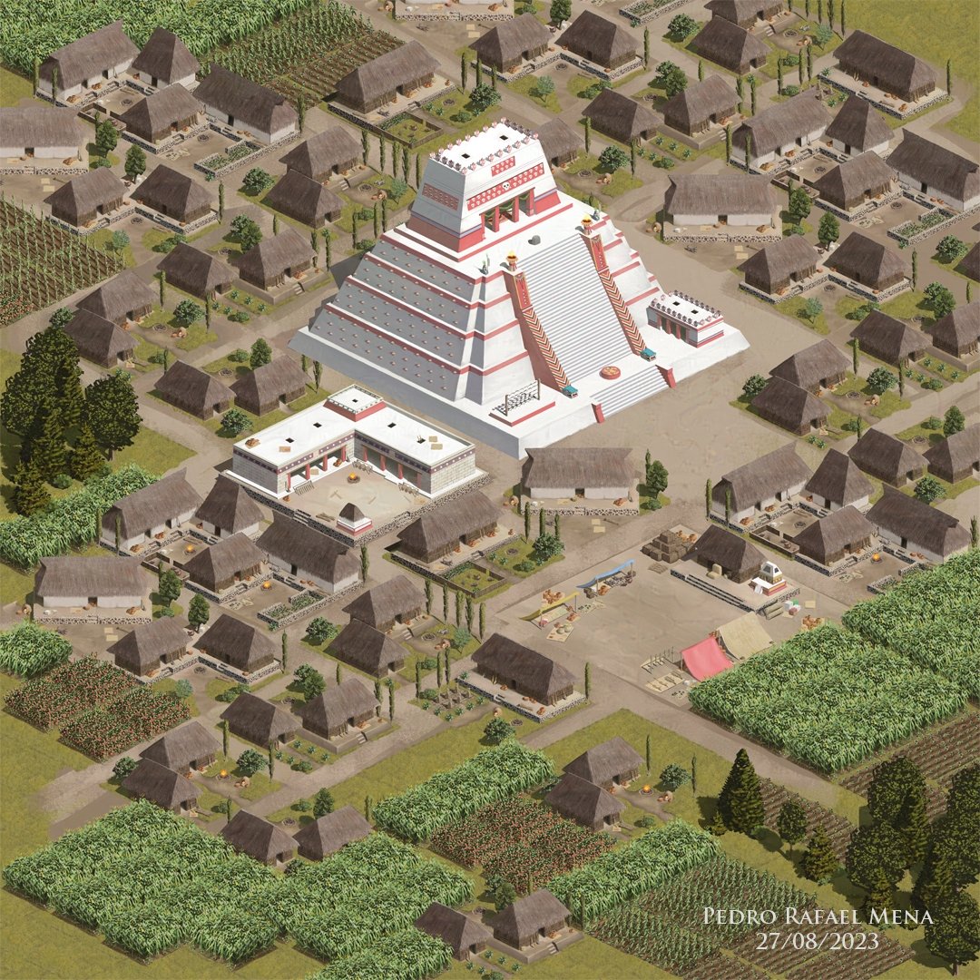 A year ago I was commissioned to make a mock up of an Aztec (Nahua/Mexica) village. The idea was to push historical accuracy as far as possible within specified constraints, in a 2D isometric style with a painterly approach.