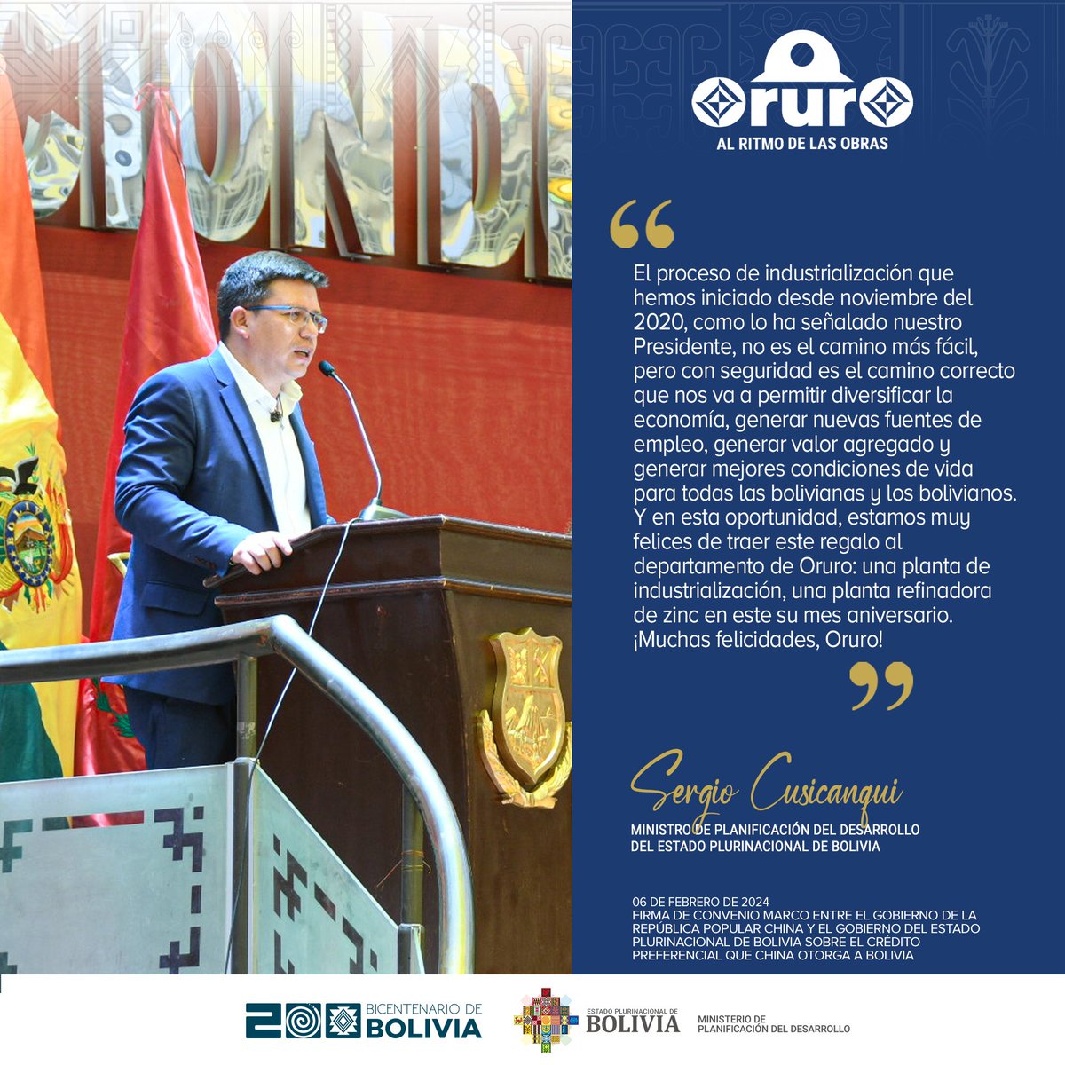 minplanifica's tweet photo. 1/2 #MPD | El Ministro @s_cusicanqui, resaltó el proceso de industrialización que se lleva adelante a la cabeza del Presidente @LuchoXBolivia. Hoy se realizó la firma de Convenio Marco entre el Gobierno de la República Popular China y el Gobierno del Estado Plurinacional de https://t.co/UFH3VvjhQ5