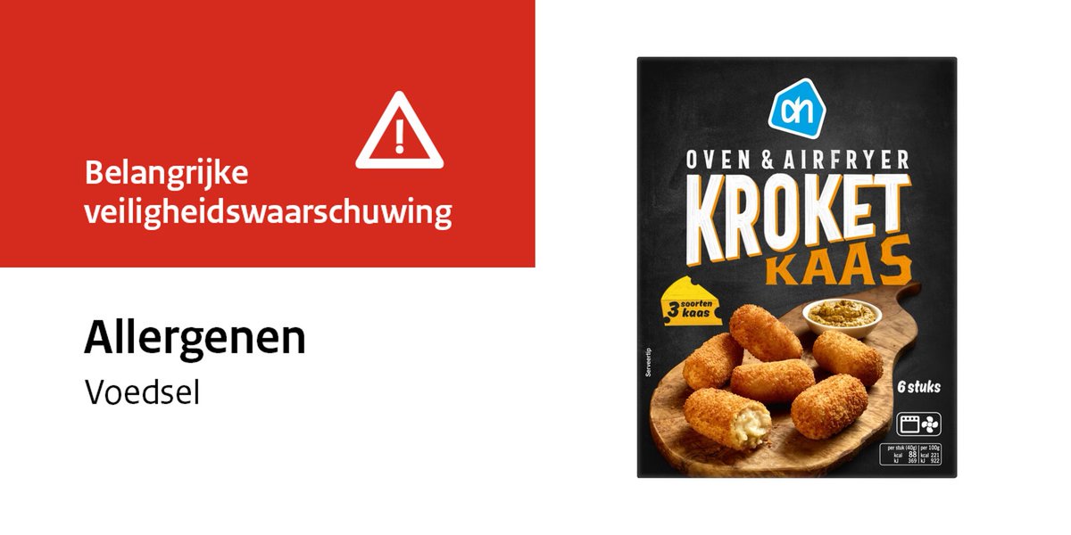 Veiligheidswaarschuwing Albert Heijn Oven &amp; Airfryer Kaaskroket (schaaldierenallergie). In de verpakking van de AH Oven &amp; Airfryer Kaaskroket zitten mogelijk garnalenkroketten. Eet de kroketten niet als u een allergie heeft voor schaaldieren. ah.nl/mededeling#AH-…