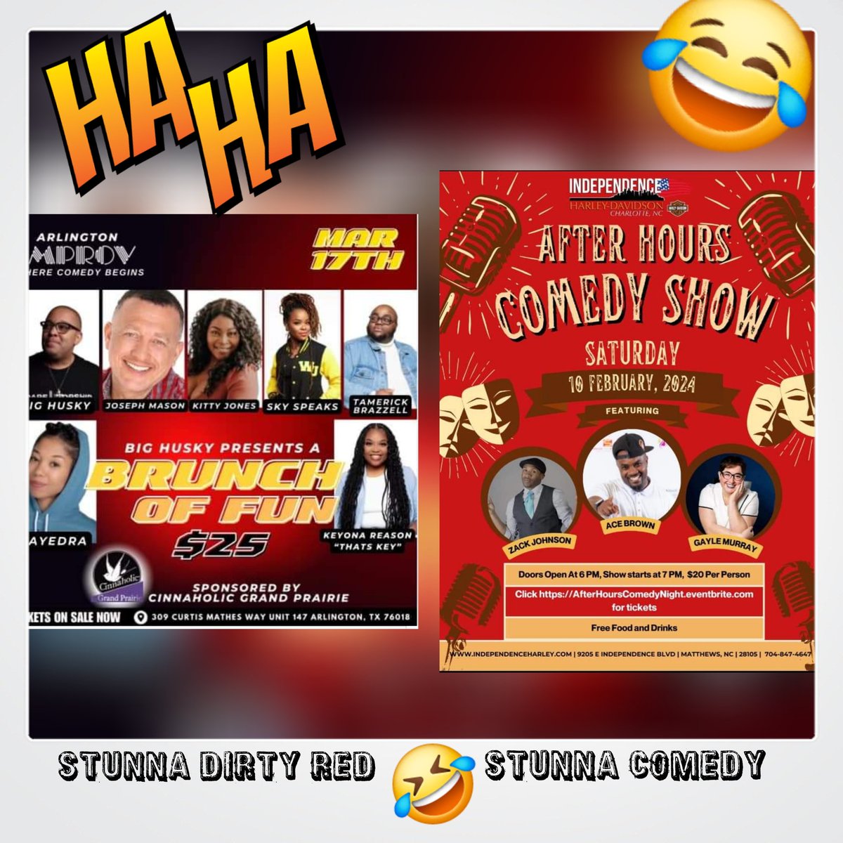 officialnosmsc's tweet photo. 🤣 OH YEA, STUNNAS KNOW HOW TO LAUGH! S/O TO OUR BROTHERS IN THE NATION YALL 🤣!  GO SHOW SUPPORT AND SEE @iamjosephdmason aka STUNNA DIRTY RED in ARLINGTON, TX, and @iamacebrown aka STUNNA COMEDY in MATHEWS, NC. FOR THEIR COMEDY SHOWS! GET YA LAUGHS ON WITH THE STUNNAS! https://t.co/YsS9PhxK0g