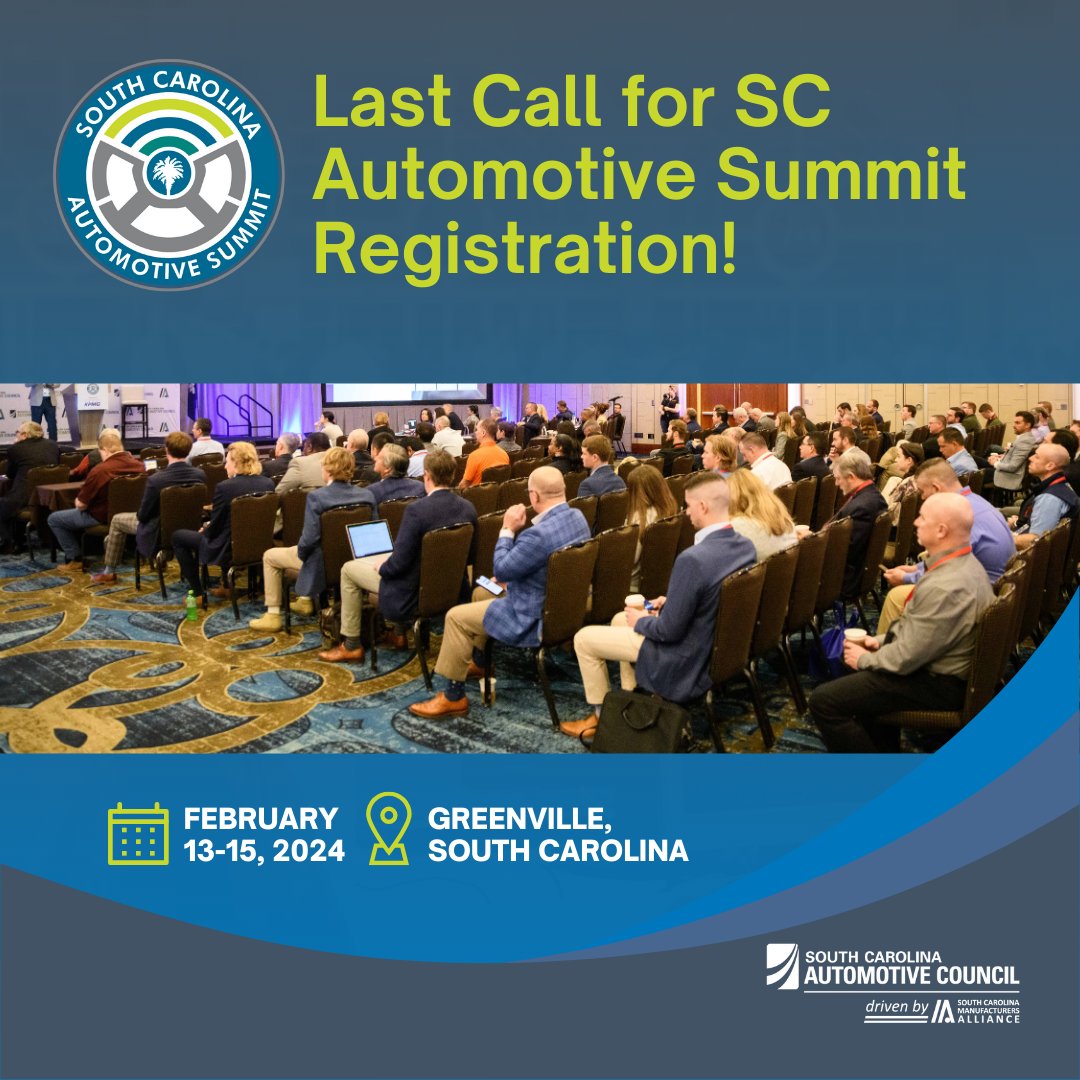 SCManufacturers's tweet photo. Last call for SC Automotive Summit registration! Don't miss this opportunity to join industry leaders, experts, and innovators. Secure your spot now before it's too late! Space is limited.  https://t.co/hSKMa5xJZu

#SCAutoSum24 https://t.co/t8EKRtxRFG