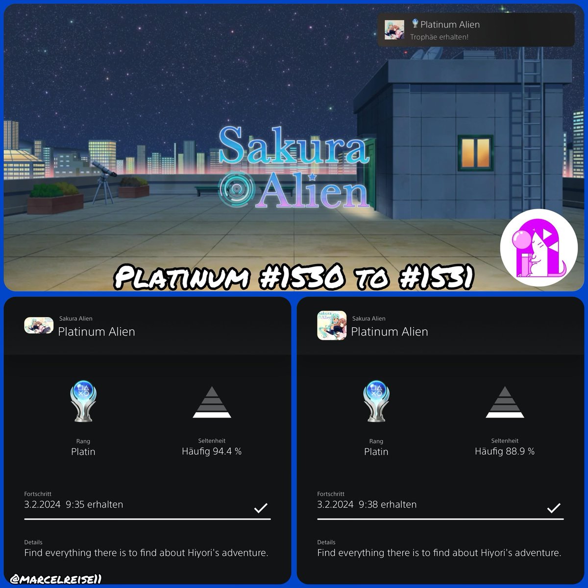 marcelreise11's tweet photo. ๐ Platinum #1530 & #1531 ๐
On saturday I platinumed the EU ๐ช๐บ Version of #SakuraAlien.
https://t.co/d9B9ygu0bK
@gamuzumi @Platingamer73 @SilentGhost86 @PSN_Robert2567 @OverhypedG @IBadDriverI @TrophyN3rd @SadoMarco_ @DerPlatinjunge https://t.co/91FzKGaRl5