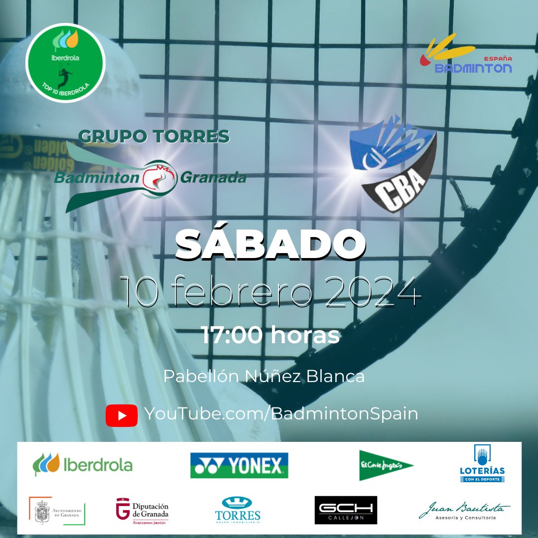 Jornada 8!

🏆División de Honor - Top 10 Iberdrola

🏸Grupo Torres-Bádminton Granada 🆚 Alicante Intercity

😀Ven a apoyarnos!!

🗓 Sábado 10 de febrero
⏰17.00 horas
🏟️Pabellón Núñez Blanca
📍Granada