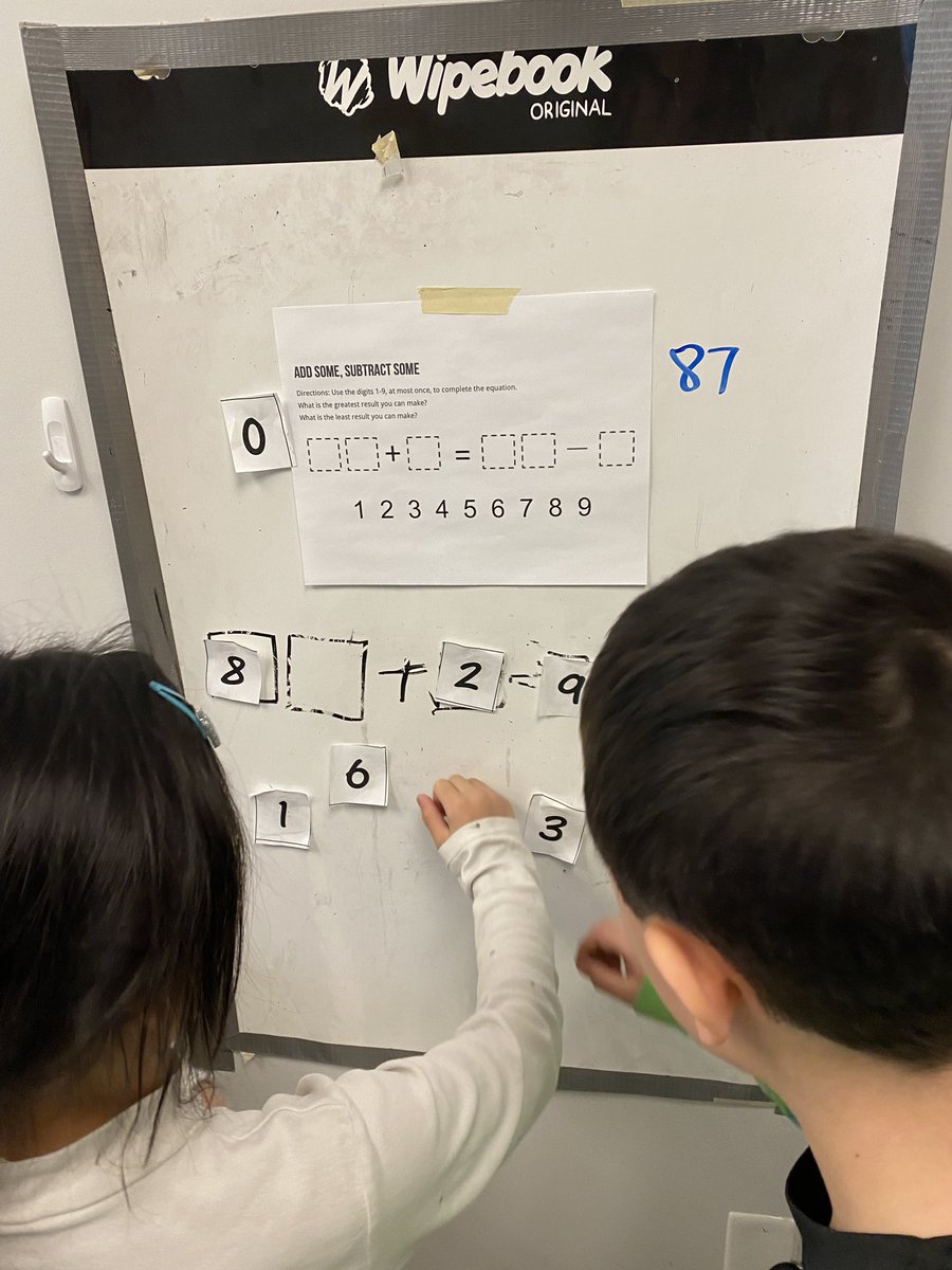 MsMacInClass's tweet image. Some #openmiddle equation fun in 2/3A this afternoon. What are the highest and lowest possible values for the equations? #thinkingclassrooms