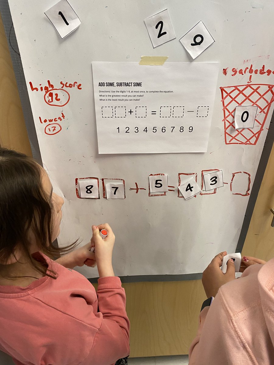 MsMacInClass's tweet image. Some #openmiddle equation fun in 2/3A this afternoon. What are the highest and lowest possible values for the equations? #thinkingclassrooms