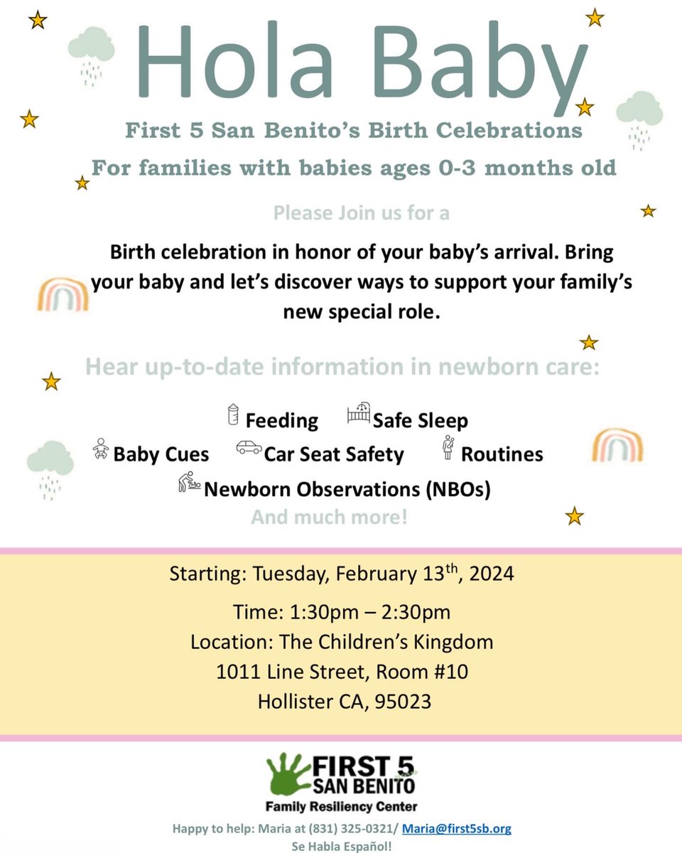 First5SanBenito's tweet photo. We invite you to our new monthly program Hola Bebe! Join us to celebrate your baby’s arrival! Please see flyer for more information.
#First5SanBenitoCounty #SanBenitoCounty #HollisterCalifornia #Primeros5SanBenito #TalkReadSing #CondadodeSanBenito https://t.co/A2izwNM9Pi
