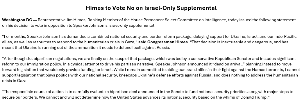 Ranking Member Himes' Statement on Speaker Johnson's Israel-only Supplemental: