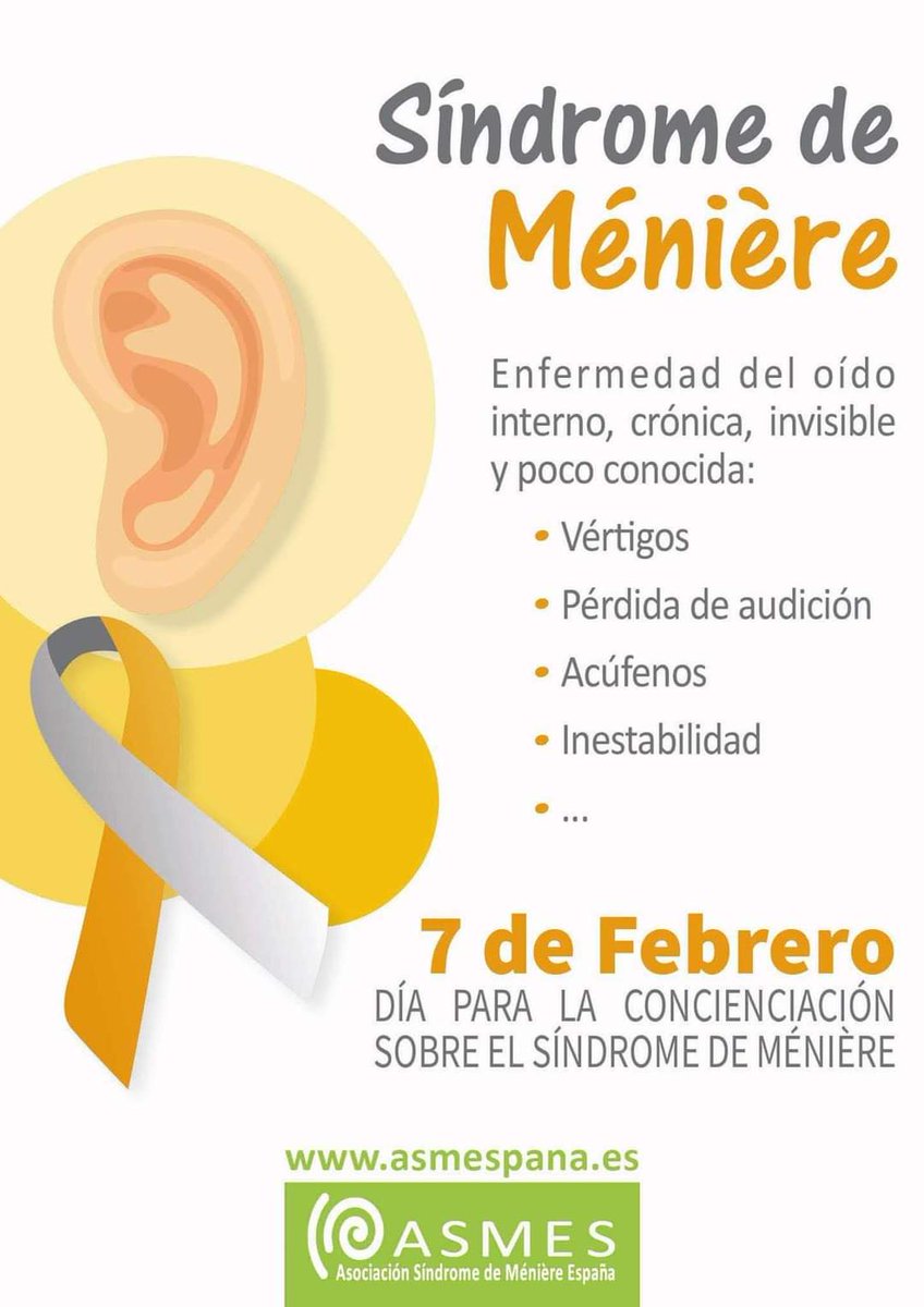 #Meniere <a href="/asmes/">Semsa</a> <a href="/MindOverMeniere/">Mind Over Meniere's</a> <a href="/MenieresTeam/">Ménière's Team</a> @MenieresSociety 
<a href="/DMenieres/">Deaf to Menieres</a> 

7 de Febrero. Día para la concienciación sobre el Síndrome de Meniere.
