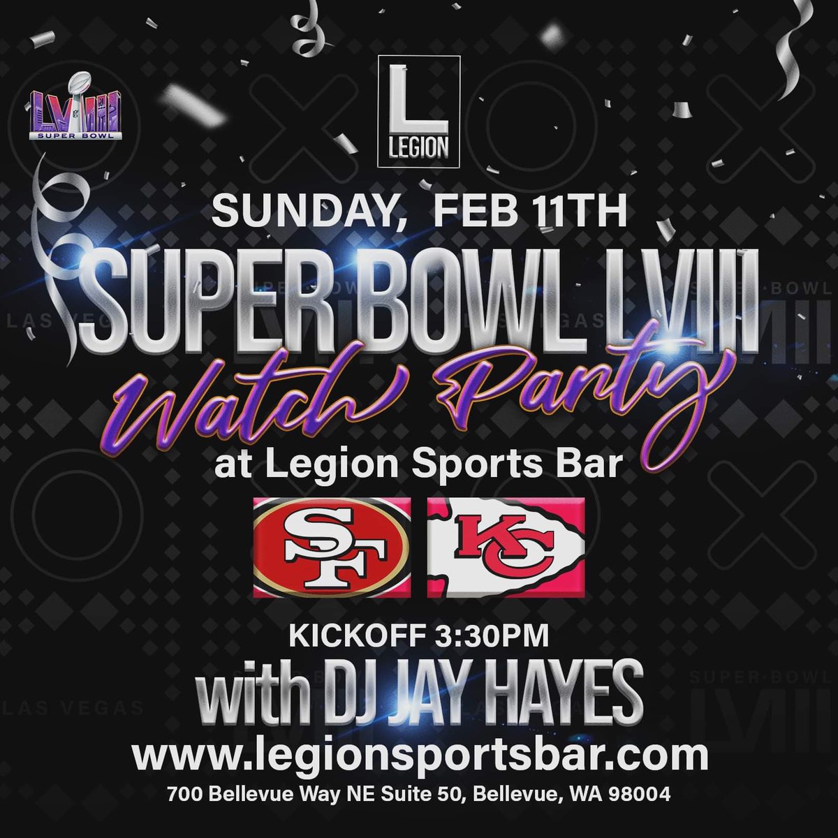 Super Bowl at Legion!
We are offering tables for bottle service, with a minimum requirement of one bottle per table. If you are interested in purchasing a table, please email us at info@legionbellevue.com.  If you prefer not to buy a table, you are still welcome to walk in.