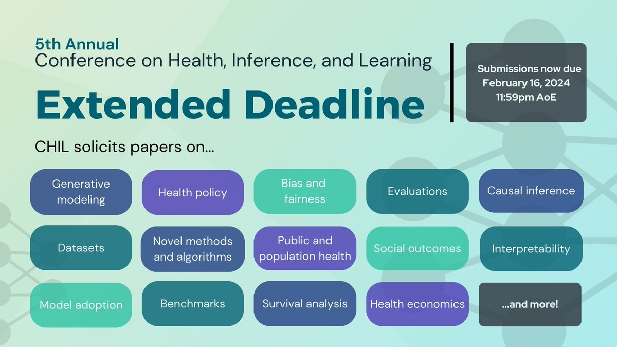 Looking for the right venue to showcase your groundbreaking research on AI/ML methods and applications in health settings? CHIL is the perfect platform! We solicit a diverse range of topics on ML/AI advancements in the health domain. ⚕️🧑‍💻🔍 Visit chilconference.org to submit