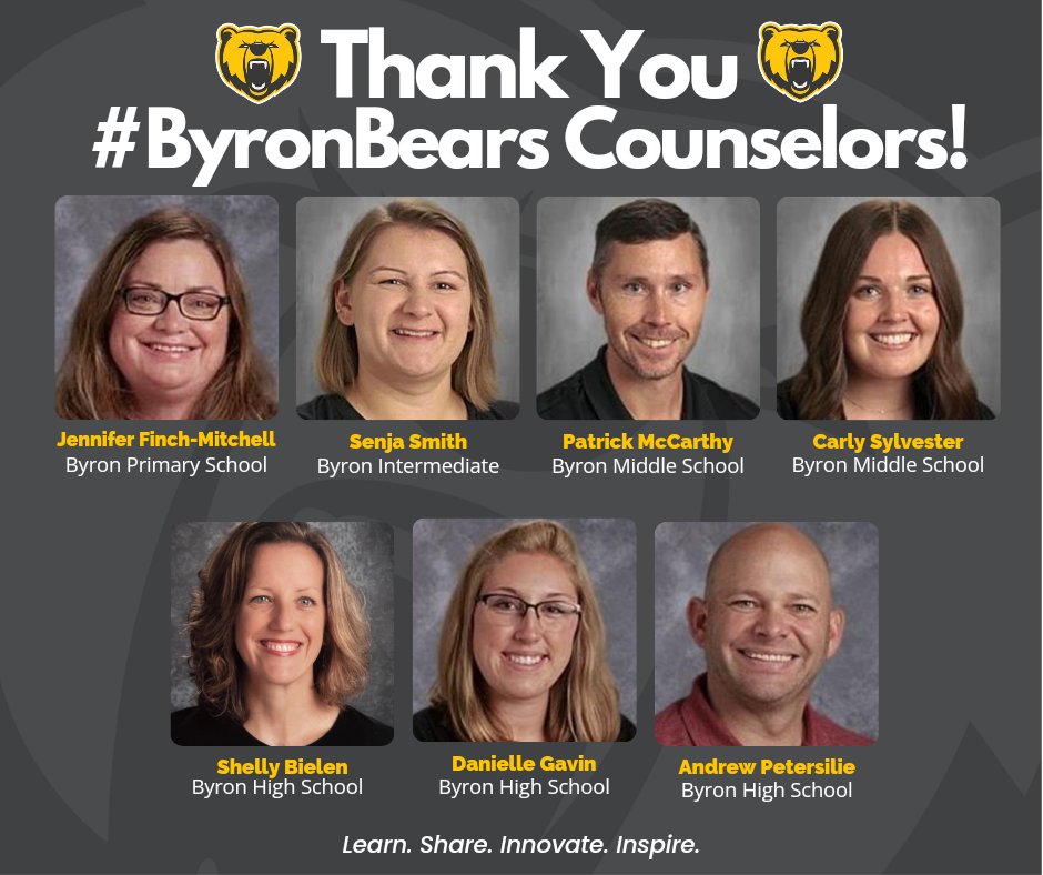 Celebrating our amazing counselors at Byron Schools this week! Their dedication & support are invaluable. They guide our students through challenges & dreams with care. Let's roar with #ByronBears pride & appreciation for their daily positive impact! #NationalSchoolCounselingWeek