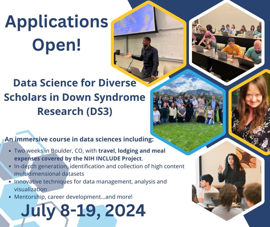 The INCLUDE Data Coordinating Center (DCC) is hosting an in-person, immersive summer course in data sciences known as the Data Science for Diverse Scholars in Down Syndrome Research (DS3).

More details and the application can be found here: bit.ly/4919HFG