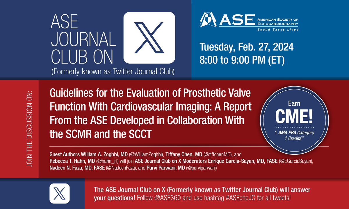 SAVE THE DATE for our upcoming ASE Journal Club on X, coming on Feb. 27, from 8-9 PM ET! 🙌 #ASEchoJC The live social event will be moderated by @EGarciaSayan, @NadeenFaza, & @purviparwani! Guest authors include @WilliamZoghbi, @tiffchenMD, & @hahn_rt. bit.ly/3OWdg8n