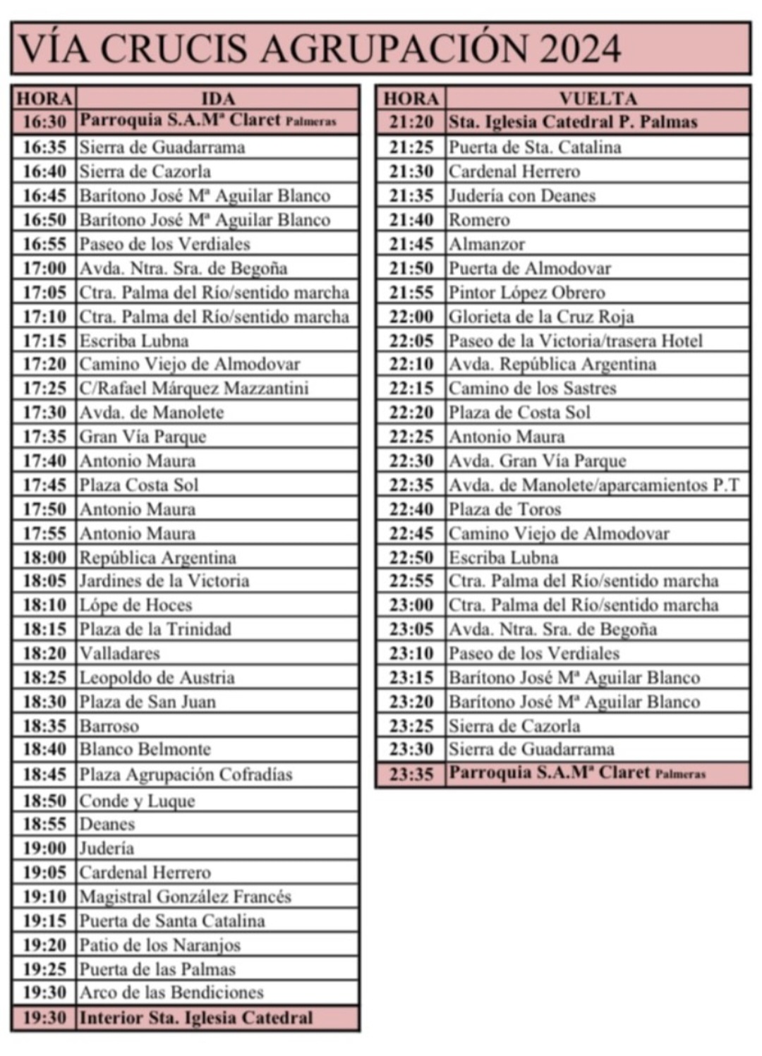 Horario e Itinerario Vía Crucis Oficial de Hermandades de Córdoba con el Cristo de la Piedad. Córdoba 17 de Febrero del 2024