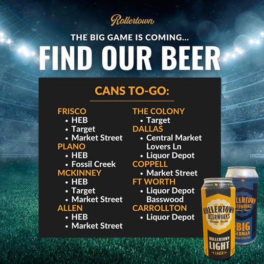 Ben Rogers (@benrogers) on Twitter photo Get your <a href="/rollertown/">@Rollertown Beerworks</a> for the big game — cans or kegs!!! Thanks for supporting our little beer dream. We’re super proud of the quality of our fresh, local beer and hope y’all are enjoying it half as much as we are. Here’s where you can find us: Get your <a href="/rollertown/">@Rollertown Beerworks</a> for the big game — cans or kegs!!! Thanks for supporting our little beer dream. We’re super proud of the quality of our fresh, local beer and hope y’all are enjoying it half as much as we are. Here’s where you can find us:
