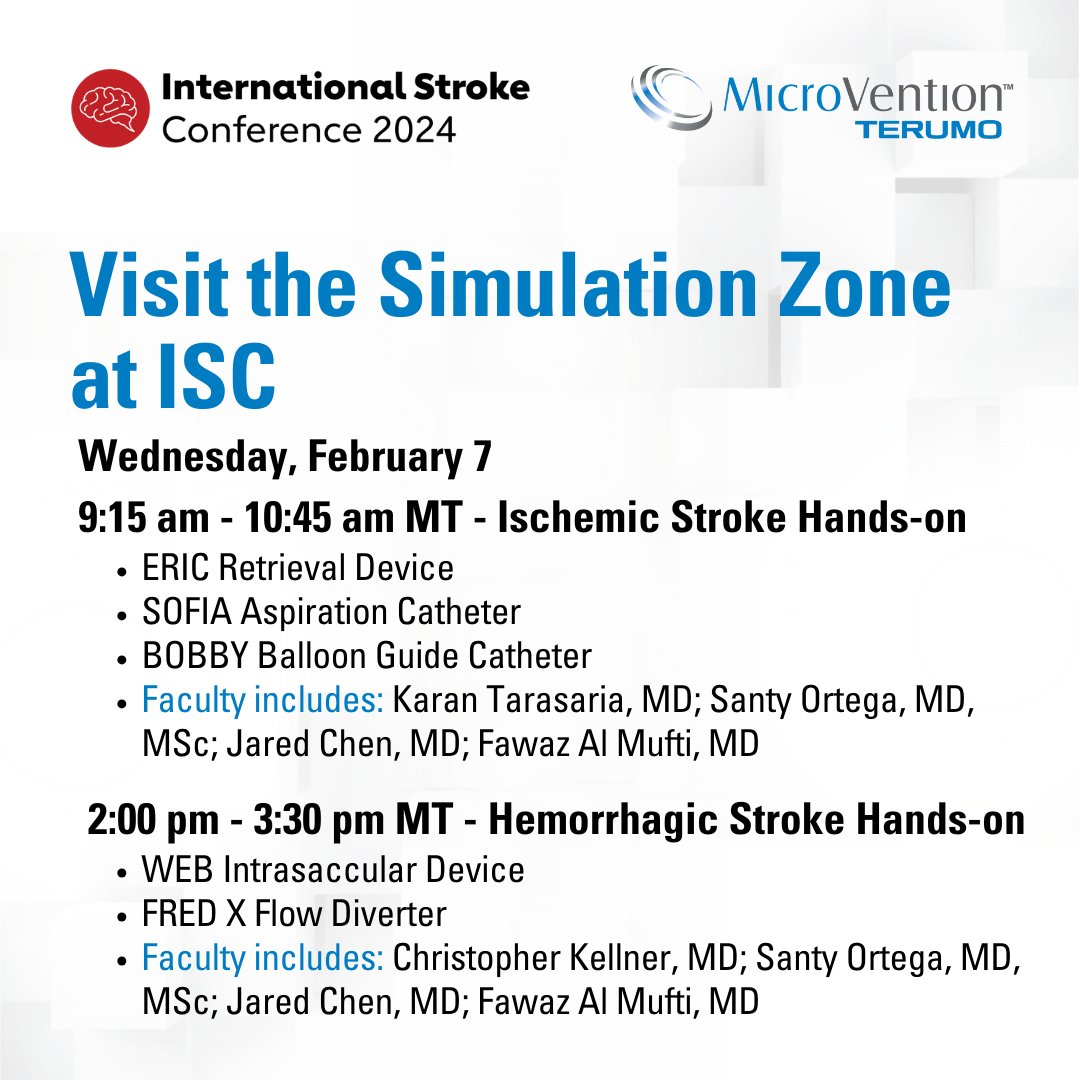 Terumo Neuro (@terumoneuro) on Twitter photo Visit the Simulation Zone on Wednesday during the International Stroke Conference for hands-on experience with our innovative Ischemic and Hemorrhagic products. In partnership with United Biologics, the Simulation Zone is located on the exhibit floor. <a href="/karantarasaria/">Karan Tarasaria</a> <a href="/chenjared/">C. J. Jared Chen, MD, FAANS</a> Visit the Simulation Zone on Wednesday during the International Stroke Conference for hands-on experience with our innovative Ischemic and Hemorrhagic products. In partnership with United Biologics, the Simulation Zone is located on the exhibit floor. <a href="/karantarasaria/">Karan Tarasaria</a> <a href="/chenjared/">C. J. Jared Chen, MD, FAANS</a>