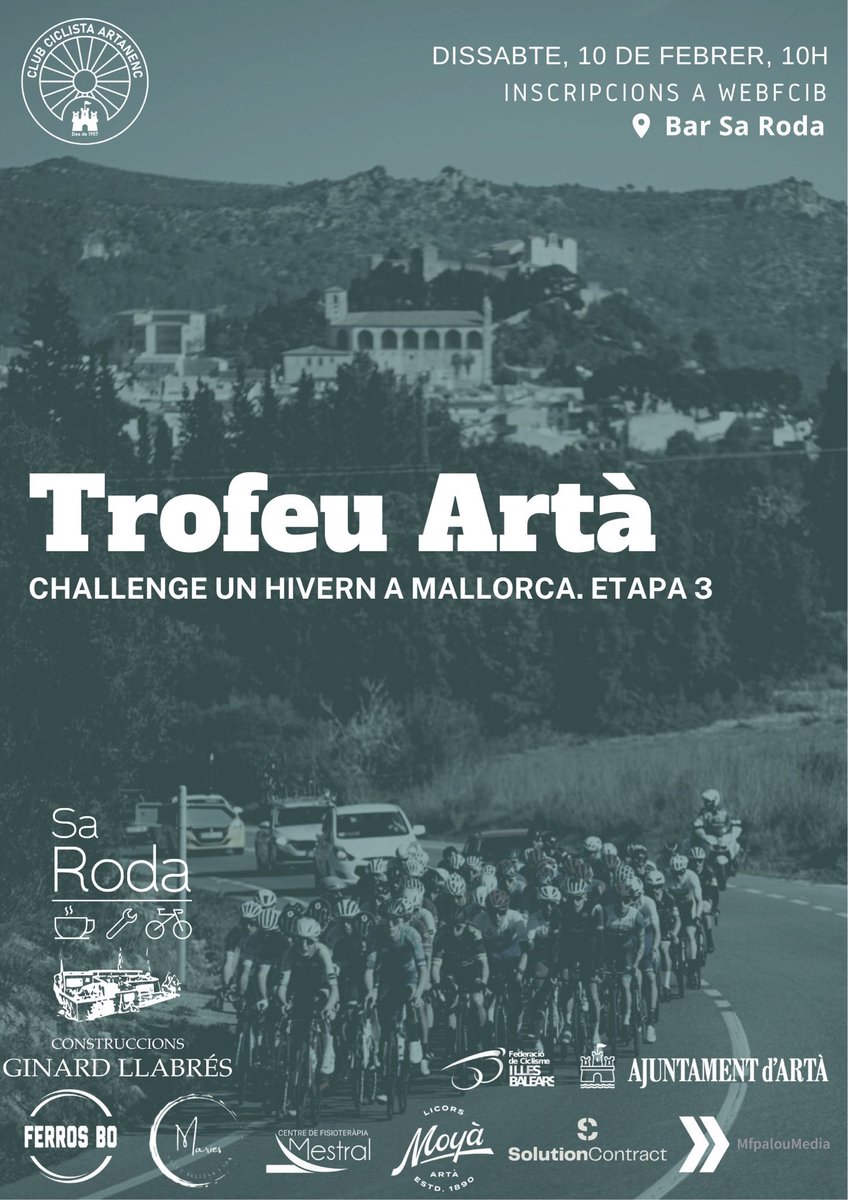 Challenge Un Hivern a Mallorca - Etapa 3: 

🚴‍♂️ Trofeu Artà
🏁 127km 
⏱️Dissabte, 10 de febrer, 10.00h 
📍 Bar Sa Roda
👨‍💻 Inscripcions a webfcib.es