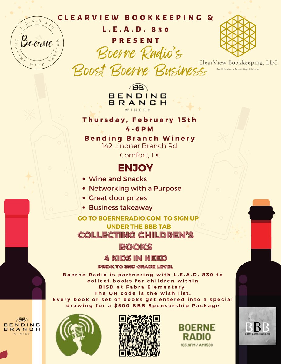 Join us for the next Boost Boerne Business at @BBranchWinery! Delicious wine, appetizers and speed networking with other like minded business leaders like yourself! February 15th, from 4-6PM Register here: forms.gle/AAaYCXjRDwoSBS…