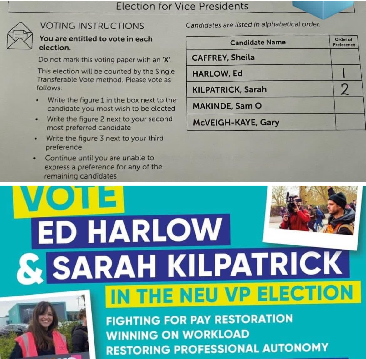 Oxfordshire NEU members voted 🗳️ during our GM before Xmas to nominate and support @edharlowNEU & @sairskay in the @NEUnion Vice Presidential Election. 

We would therefore encourage all @neuoxon members to return their ballots and VOTE 1️⃣ & 2️⃣ 🗳️ for Ed and Sarah 👍🏻👍🏻👍🏻👍🏻