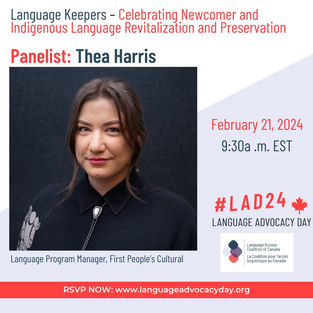 #LAD24 ANNOUNCEMENT: We are pleased to announce that Thea Harris of @_FPCC will be joining the Language Keepers panel on February 21! #indigenouslanguages #languagerevitalization Register here to learn more: eventbrite.ca/e/language-kee…