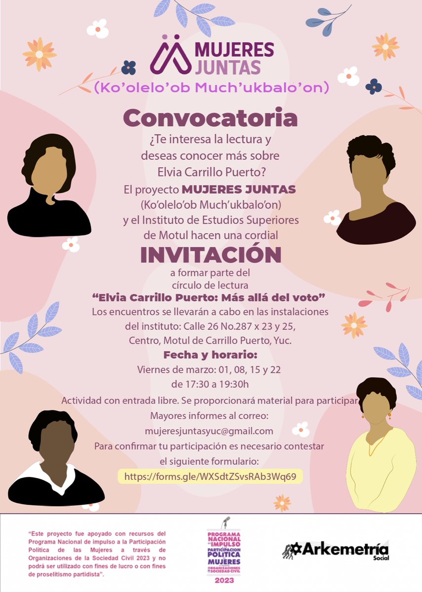 ¿Te gusta la lectura y quieres saber más de Elvia Carrillo Puerto?
¡Este espacio es para ti!
Desde el proyecto Mujeres Juntas, Arkemetría Social y el Instituto de Estudios Superiores de Motul.
Te invitamos a contestar el formulario
📍 forms.gle/RJ4xNkPhHCLBRB…
#PNIPPM