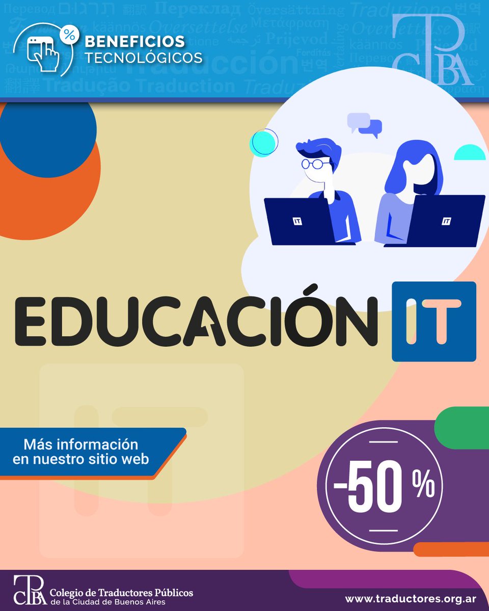 ctpcba_tradu's tweet image. Educación IT ofrece un 50 % de descuento para los matriculados del CTPCBA.
traductores.org.ar/beneficios/edu…
beneficios@traductores.org.ar
#VeníAlColegio
#CATtools
#aprendizaje #tecnología #software #recursostecnológicos #informática #herramientas