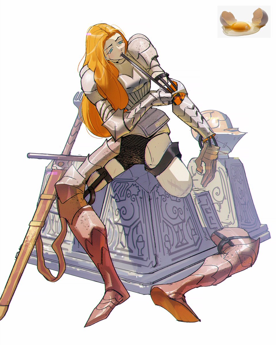 1girl armor long hair weapon white background knight orange hair  illustration images