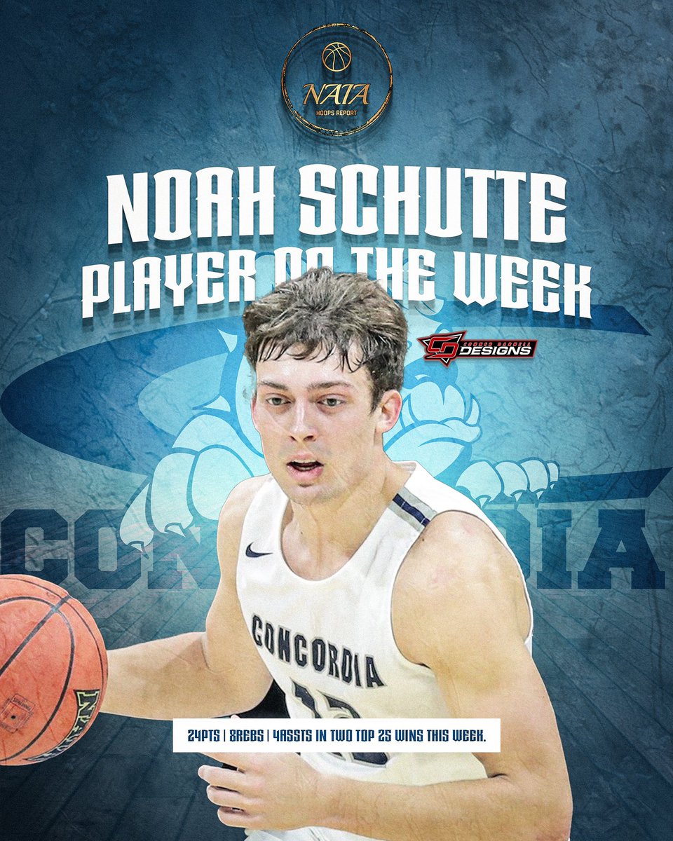 ❗️NAIA Hoops Report Player of the Week ❗️ Sponsored by <a href="/CD_DZNs/">Conner Darnell Designs</a> 

Noah Schutte (<a href="/CUNEmbb/">Concordia-NE Men’s Basketball</a>)

In two Top 25 wins last week 

24PPG| 8RPG | 4APG