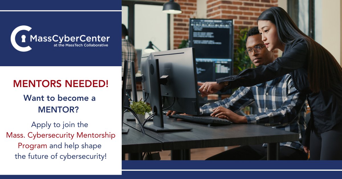 Experience the reward of becoming a mentor. We're seeking cybersecurity professionals to mentor the next generation of the workforce. Meet 1 hour every 2 weeks- a low commitment, but a BIG impact on an aspiring cybersecurity professional. Apply before 2/19 masscybercenter.org/mentorship