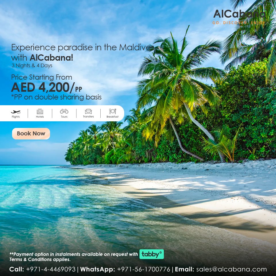 Hello_AlCabana's tweet photo. Discover the allure of the Maldives with AlCabana's captivating retreat, available for an exclusive price of AED 4,200. Secure your spot now to indulge in unparalleled serenity!
#MaldivesRetreat #UAETravel #VacationBliss #AlCabana #TravelGoals #DiscoverParadise #BeachRetreat https://t.co/yUCeeSMNDO