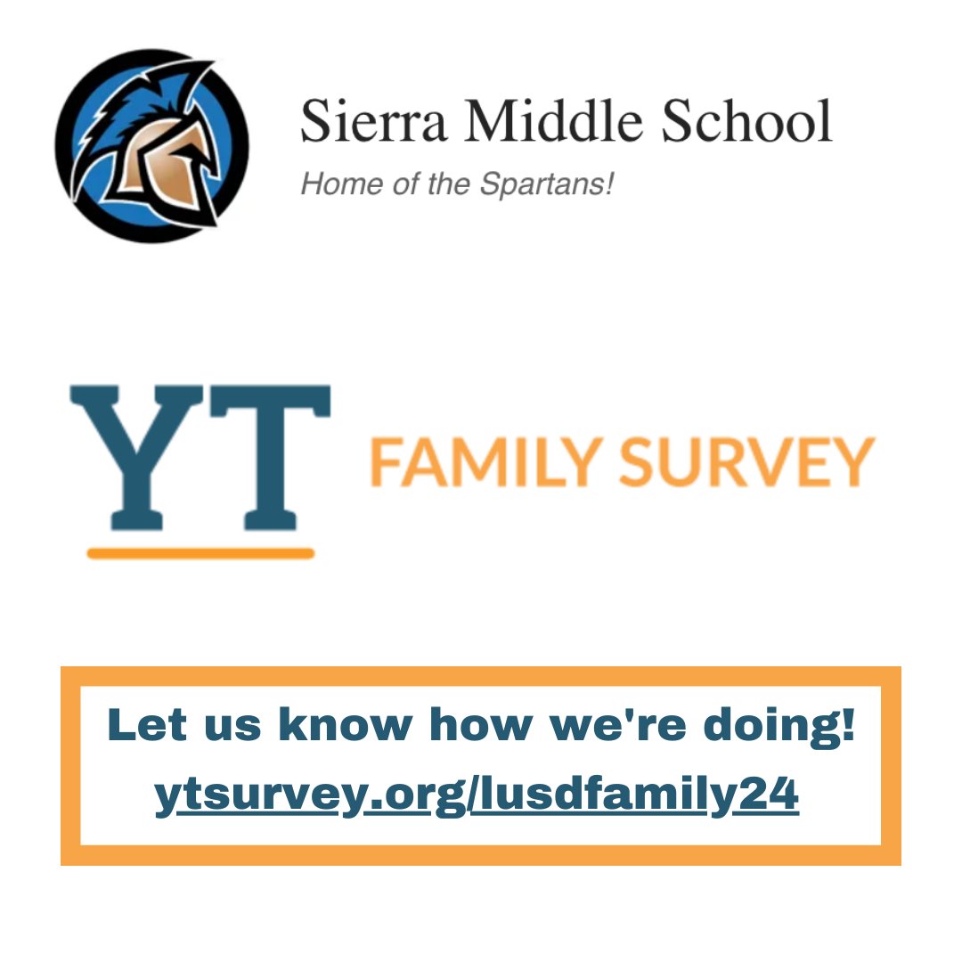 SierraSpartans's tweet photo. The YouthTruth family survey is an opportunity to share honest and anonymous feedback about our school. We encourage families to fill out this year’s survey, which takes about 10 - 15 minutes to complete.

You may take the survey using this link: https://t.co/c7jASe52uT https://t.co/aMDXzKcy1v
