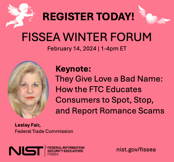 Join us next week at the #FISSEA Winter Forum to hear about stopping and reporting romance scams. nist.gov/news-events/ev…