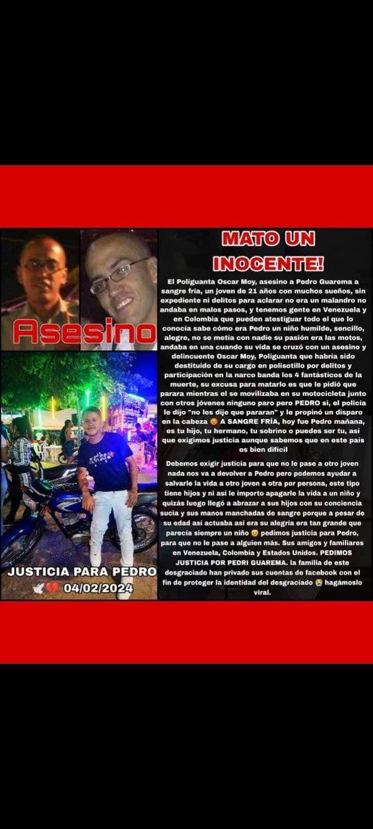 Artemisayoung's tweet photo. Pido el apoyo de todos para hacer llegar el caso al Fiscal General  @TarekWiliamSaab

Tu pueblo de ANZOÁTEGUI te necesita. Un delicuente uniformado es este policia asesinó a un joven sin ningun delito

#justiciaparapedro #tarekwilliamsaab #tarek #fiscalgeneral #venezolanos https://t.co/HDnwxfG9kb