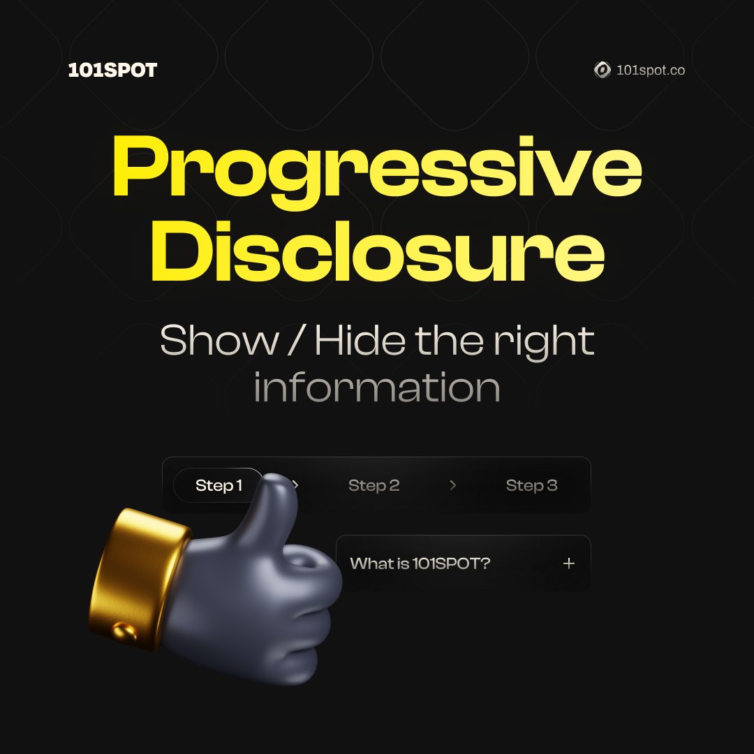 101spot's tweet photo. ๐Progressive Disclosure๐
It means hiding unnecessary elements to help with visual clutter
Steps
Dropdown
Accordions
are good examples of this.
Itโs great for novice users so that they donโt get overwhelmed
#uitips #uxtips #UIUX #designtips #uixdesign #uidesign #uxdesign https://t.co/acY1xvks61
