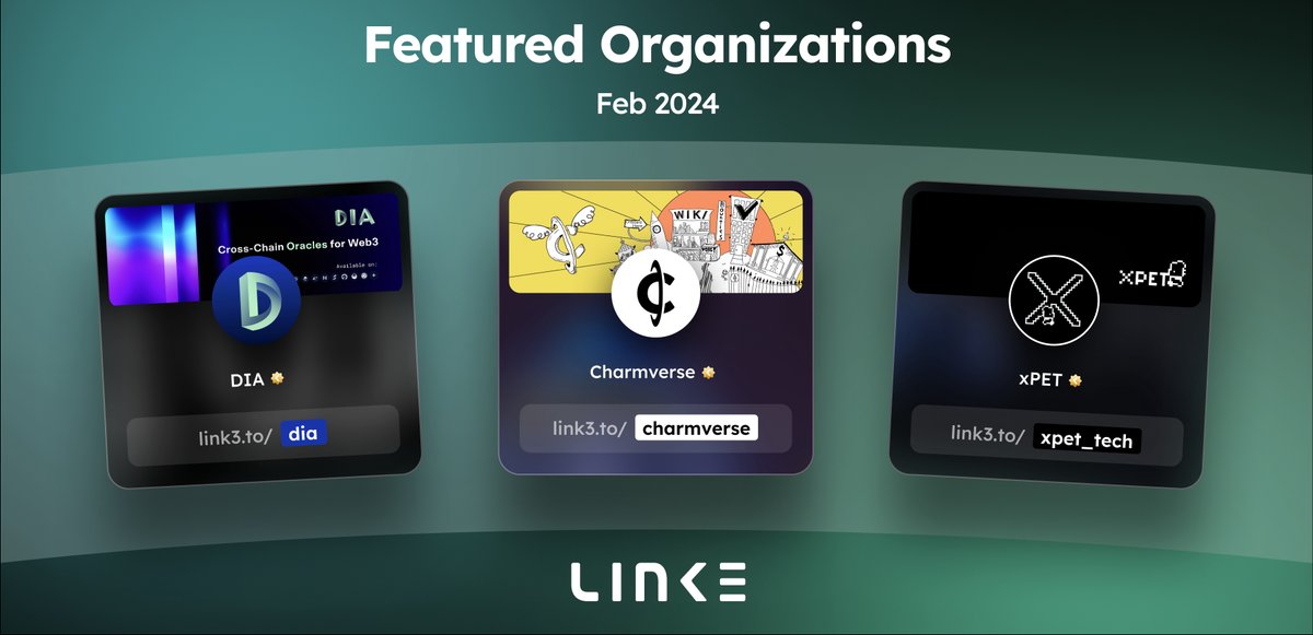 This month's ❮ Link3 ❮ featured profiles are here 👀 🚀

Welcoming <a href="/DIAdata_org/">DIA Oracles</a>, <a href="/CharmVerse/">CharmVerse</a> &amp; <a href="/xpet_tech/">memetree.io 🐻⛓</a> to the Link3 fam 💃🏼

Visit their all-in-one web3 profiles for their verified links and resources 👇🏼🧵