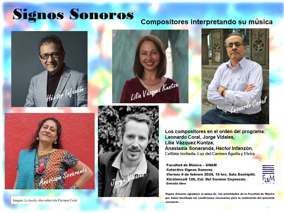 SACM México (@sacm_oficial) on Twitter photo 🎼Alístate porque ya este viernes se llevará a cabo el concierto "Compositores interpretando su música", con la participación de Lilia Vázquez Kuntze, Anastasia Sonaranda, Leonardo Coral, Jorge Vidales, y Héctor Infanzón.
📍 <a href="/FaMUNAM/">Facultad de Música UNAM</a>, sala Xochipilli
🎟️ Entrada Libre 🎼Alístate porque ya este viernes se llevará a cabo el concierto "Compositores interpretando su música", con la participación de Lilia Vázquez Kuntze, Anastasia Sonaranda, Leonardo Coral, Jorge Vidales, y Héctor Infanzón.
📍 <a href="/FaMUNAM/">Facultad de Música UNAM</a>, sala Xochipilli
🎟️ Entrada Libre