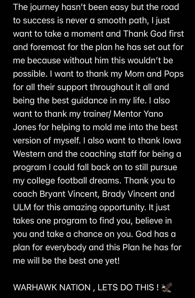 Nate $ullivan Jr. (@natesullivanjr) on Twitter photo I just kept on prayin, knowin God was gone answer back. 110% COMMITTED, Warhawk Nation…Let’s rock out🦅 #AGTG
<a href="/JucoFrenzy/">JUCO Football Frenzy</a> <a href="/JuCoFootballACE/">JuCo Football Forer</a> <a href="/CoachAaronTerry/">Aaron Terry</a> <a href="/Coach_KD75/">Kendrick Davis</a> I just kept on prayin, knowin God was gone answer back. 110% COMMITTED, Warhawk Nation…Let’s rock out🦅 #AGTG
<a href="/JucoFrenzy/">JUCO Football Frenzy</a> <a href="/JuCoFootballACE/">JuCo Football Forer</a> <a href="/CoachAaronTerry/">Aaron Terry</a> <a href="/Coach_KD75/">Kendrick Davis</a>