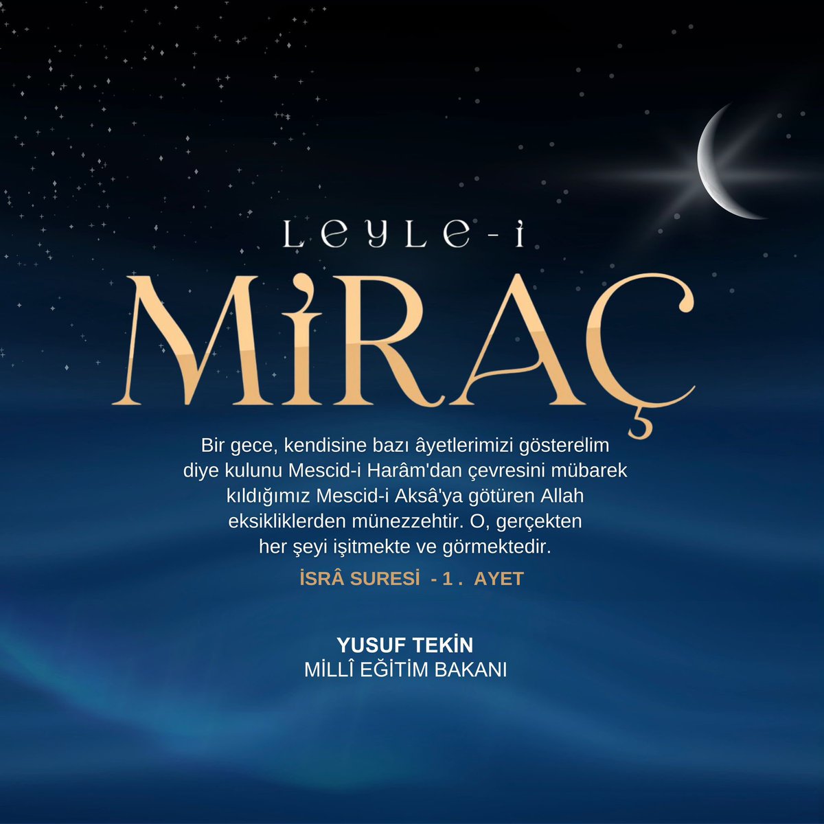 Miraç Kandili'ni tebrik ediyor, bu mübarek gecenin tüm insanlığa barış, huzur ve esenlik getirmesini Cenabıhak'tan niyaz ediyorum.

Gecemiz hayırlı olsun inşallah.