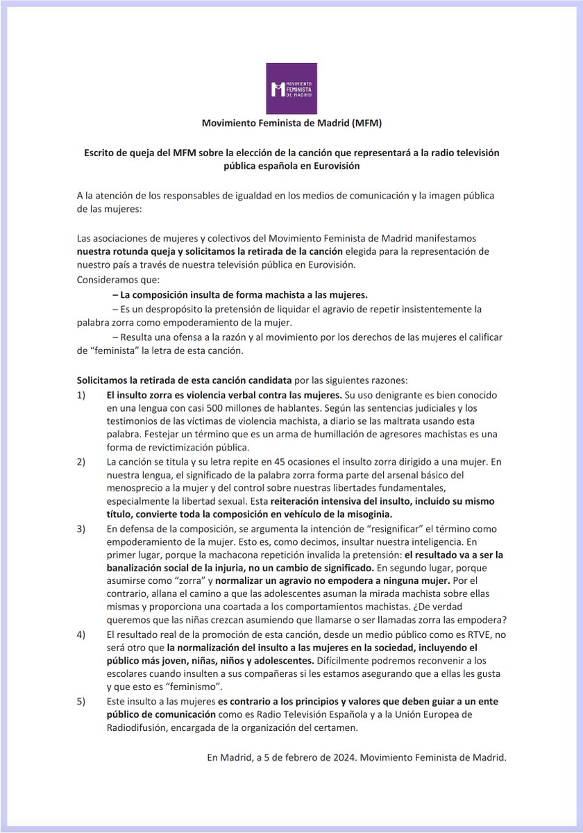 MovFemMad's tweet photo. 600 firmas en 24h. al escrito de queja del @MovFemMad por la elección para #Eurovision2024.
@sanchezcastejon @IgualdadGob @rtve, somos mujeres libres, no "zorras empoderadas", y el insulto machista no se "resignifica", NO SE TOLERA‼️ 
Puedes firmar aquí: https://t.co/dSAX10YJel https://t.co/Rb8YMpmVSB