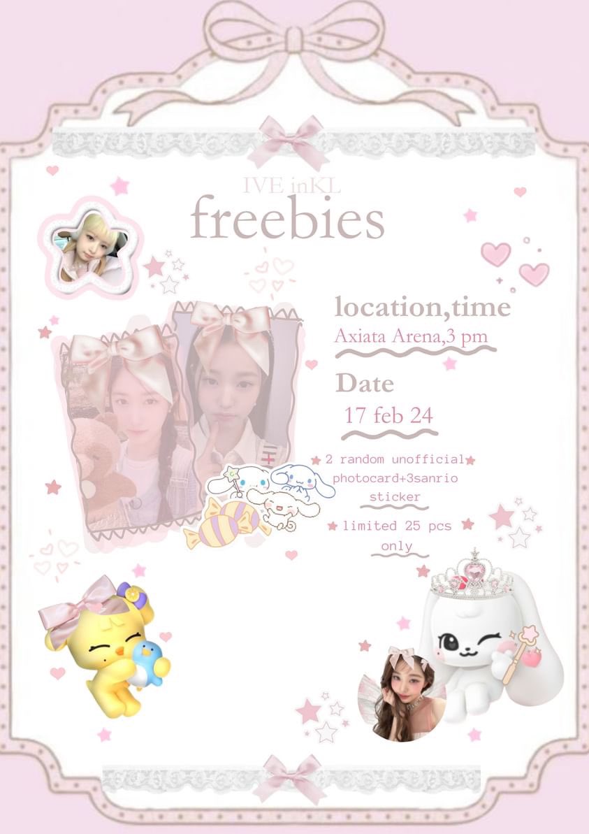 baeromii1's tweet photo. 🎀 IVE FREEBIES 🎀

💗exact time and location TBA
💗how to claim:
  -rt and like this tweet 
  - follow @iv0rxy on Tiktok
  -find me on d-day and show me proof                    -to claim ✨

#ive #IVEinKL #SHOW_WHAT_I_HAVE_IN_KL #IVE_WORLD_TOUR 
#freebies  #IVEinMY https://t.co/sL5NfhQ6AA