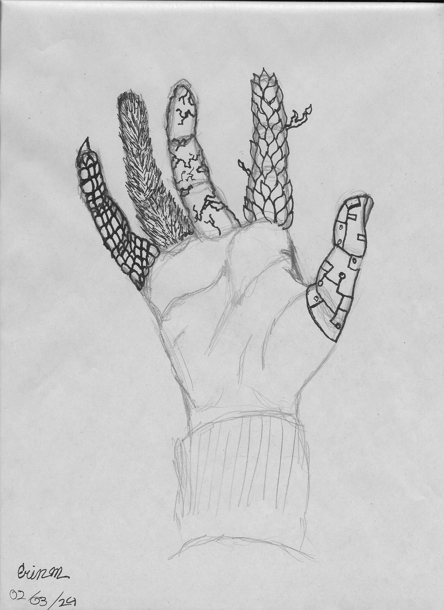ErinMarczewski's tweet photo. This is another piece from the line workshop. We were tasked with adding textures to a drawing of our own hand. https://t.co/SnrRuJ8Xjv