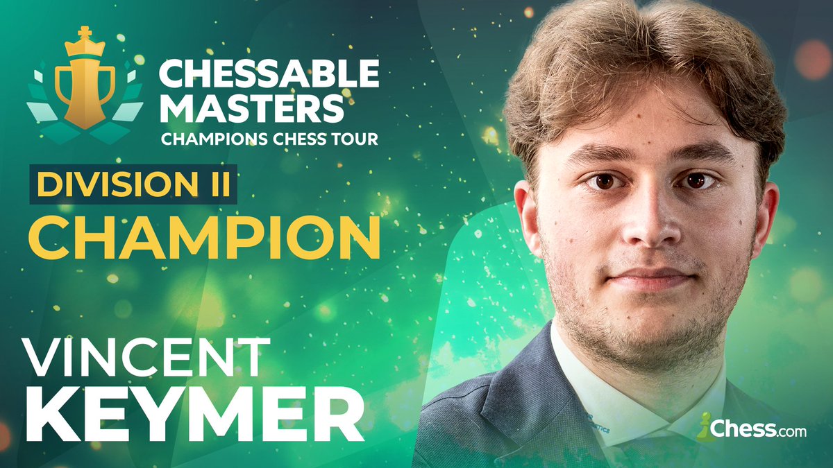 Congratulations to @VincentKeymer04 for winning the #ChessableMasters Division II! 🥇🇩🇪 This victory grants Keymer $15,000 and 50 Tour Points, as well as an important spot in Division I for the next event!