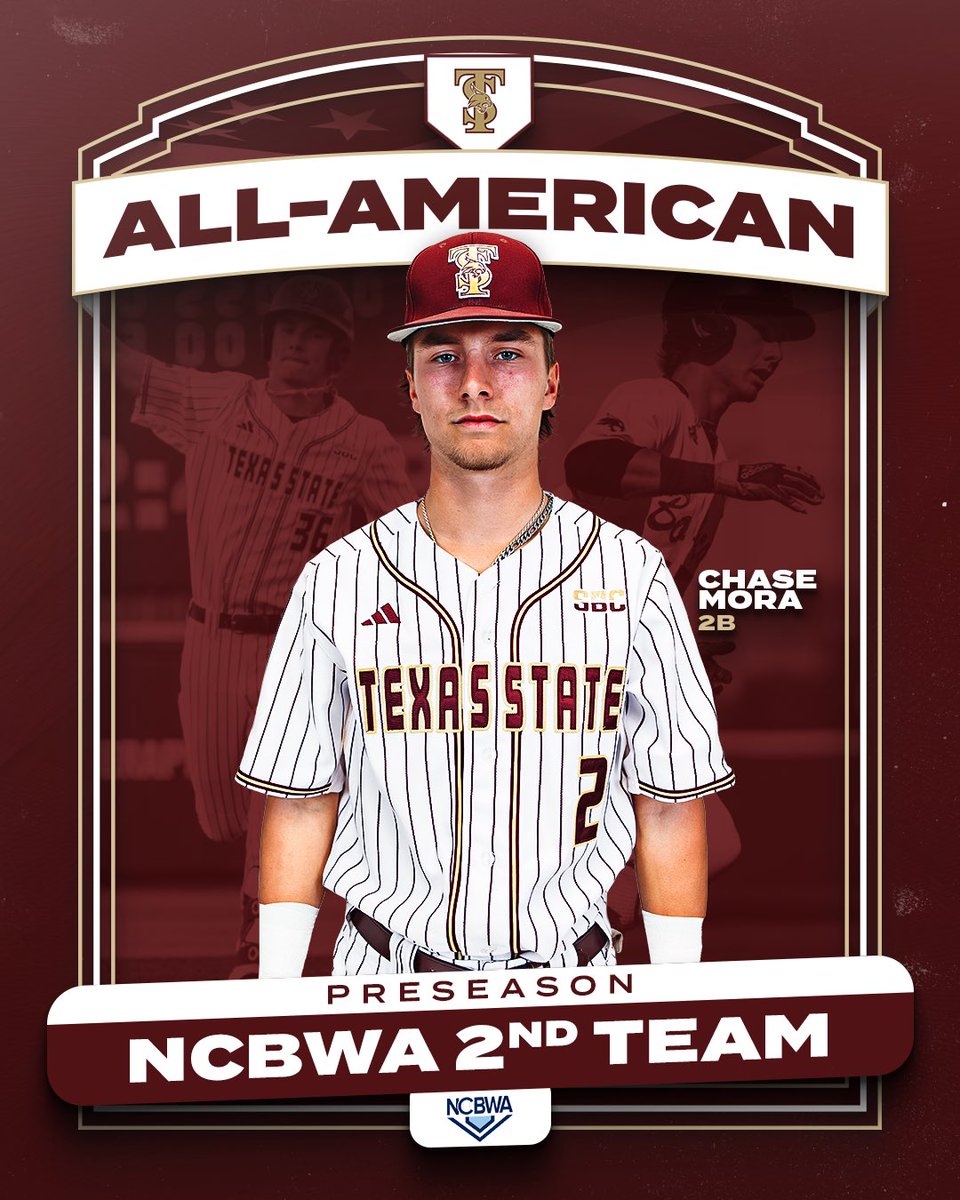 𝐏𝐫𝐞𝐬𝐞𝐚𝐬𝐨𝐧 𝐀𝐥𝐥-𝐀𝐦𝐞𝐫𝐢𝐜𝐚𝐧 Coming off a historic freshman campaign, Chase Mora has been named to the NCBWA Preseason All-America 2nd Team! 📰: tinyurl.com/249mocnz #EatEmUp #SlamMarcos x @chasemora11