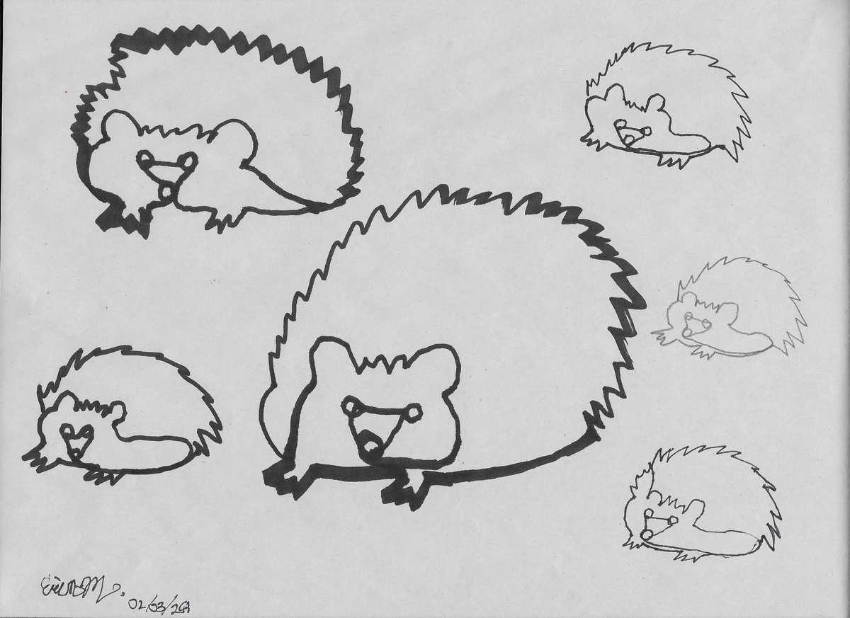 ErinMarczewski's tweet photo. One of the line workshop activites was drawing an animal using only one line and not lifting your drawing implement. So I drew hedgehogs. They turned out so goofy looking I love them with my whole heart. https://t.co/J9Ek0kleKA