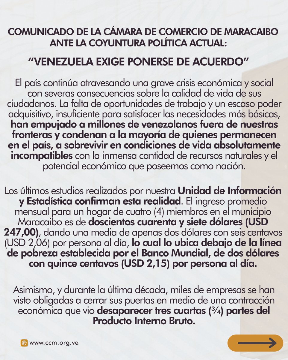 camaramaracaibo's tweet photo. Comunicado de la @CamaraMaracaibo en donde hacemos un llamado a los actores políticos y a los facilitadores internacionales vinculados al proceso de negociación, a retomar el diálogo para resolver las diferencias y poner en práctica los acuerdos concertados y firmados en Barbados https://t.co/yD1b8xXzBZ